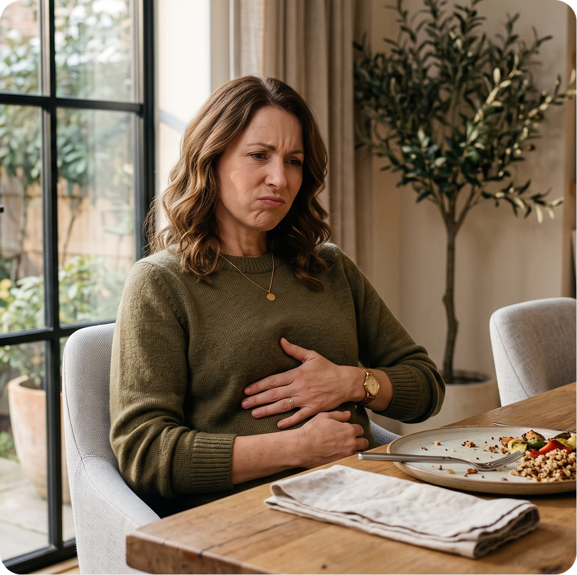 Woman holding her stomach after a meal