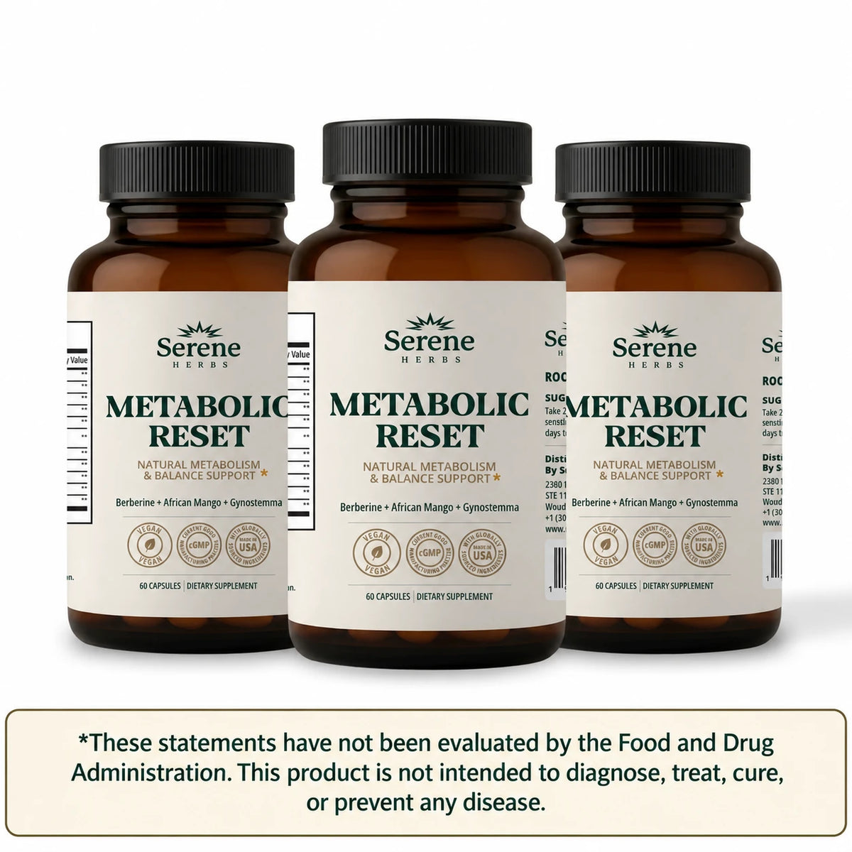 Three Metabolic Reset bottles with linked claim asterisks and FDA disclaimer.
