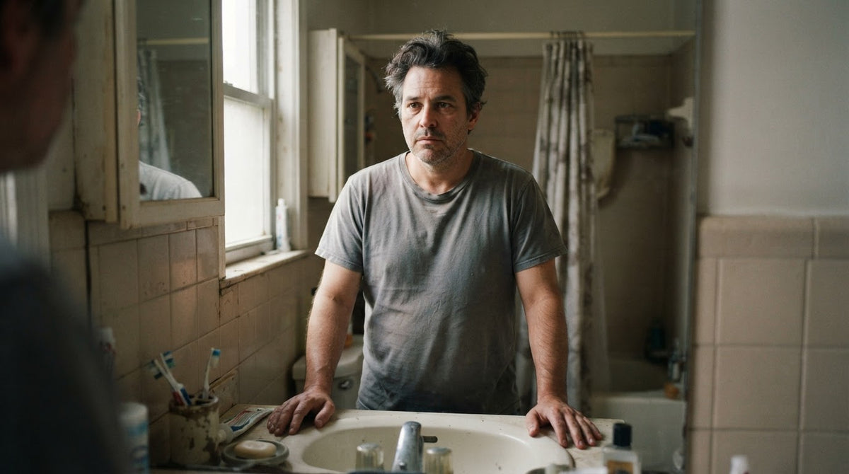 Image: man at the kitchen counter, tired