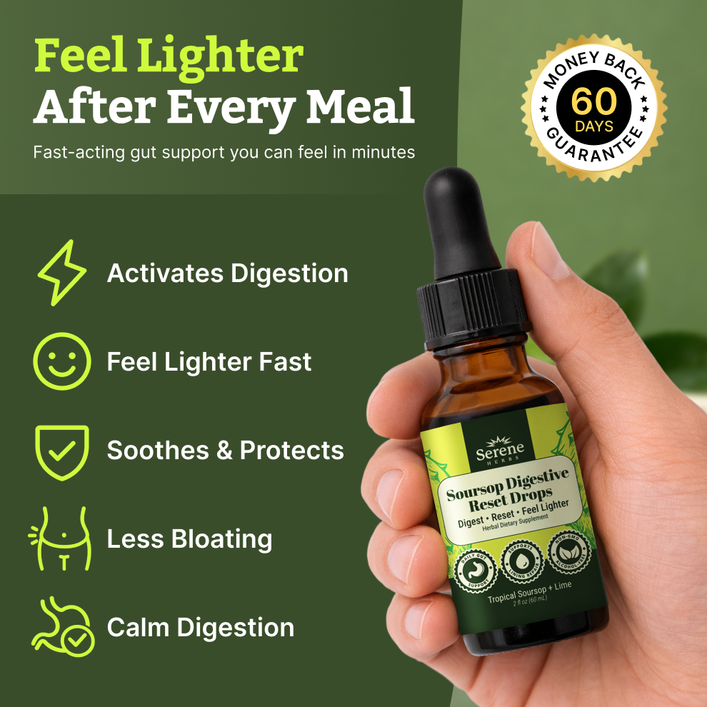Hand holding a bottle of Serene Soursop Digestive Gut Resel Drops with product features listed on a green background.