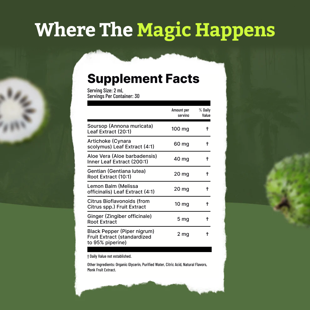 Supplement facts label with green background and kiwi slices
Supplement Facts: Soursop Leaf Extract, Artichoke, Aloe Vera, Gentian, Lemon Balm, Citrus Bioflavonoids, Ginger, Black Pepper