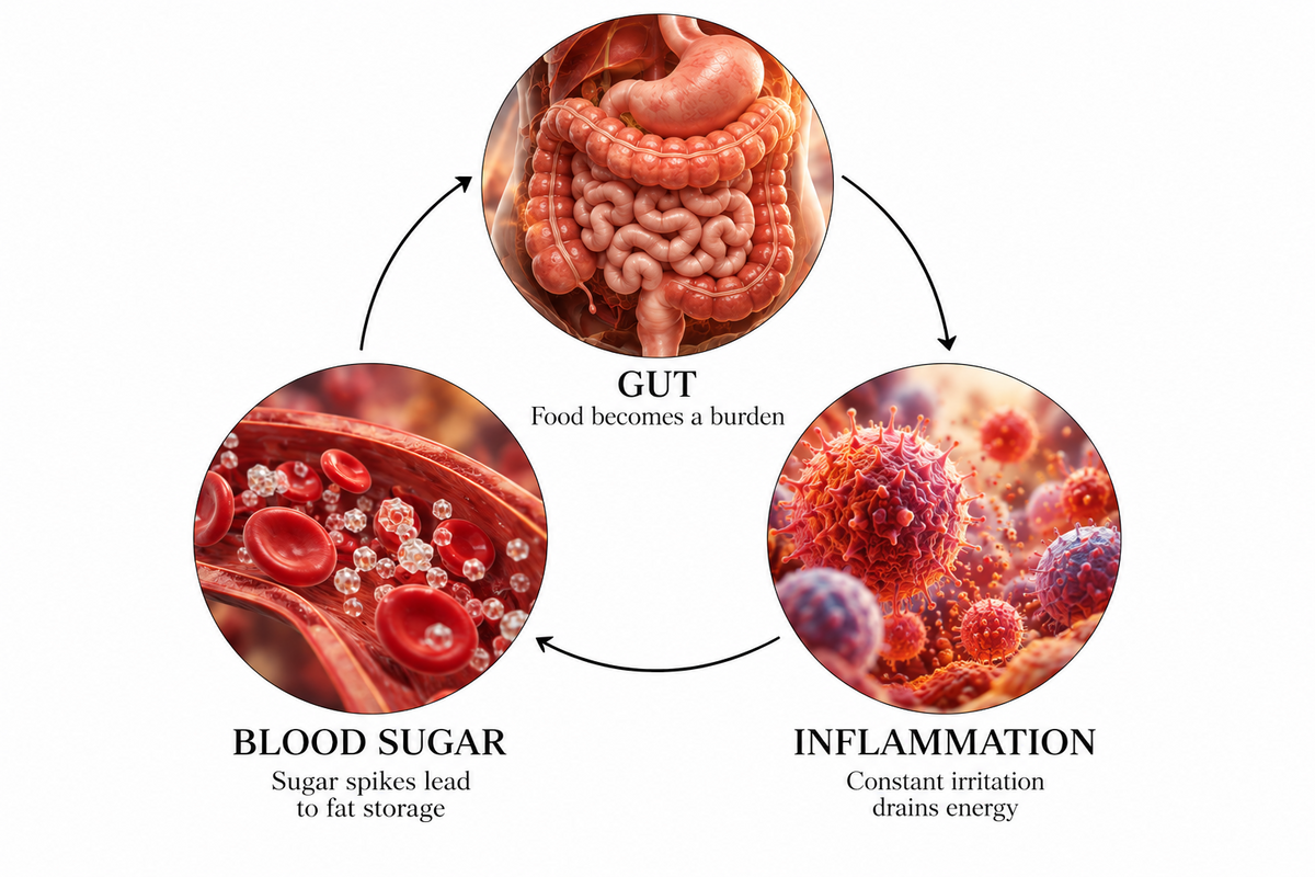 Image: diagram of the 3 connected problems (gut, inflammation, blood sugar)