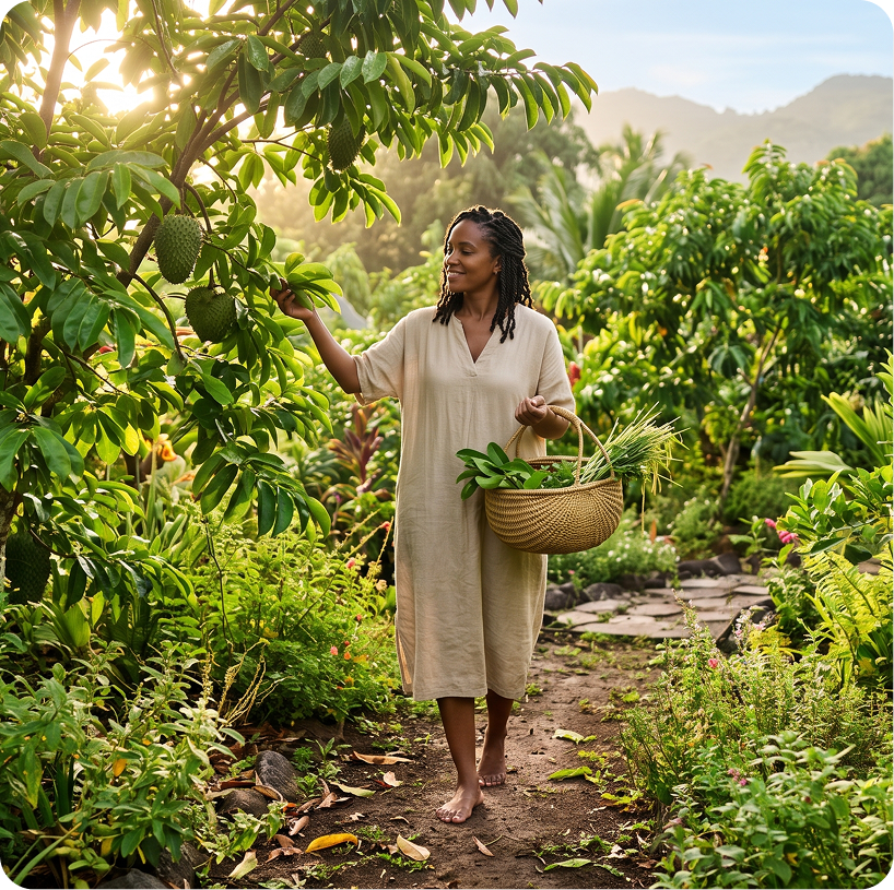 Woman harvesting soursop in a garden