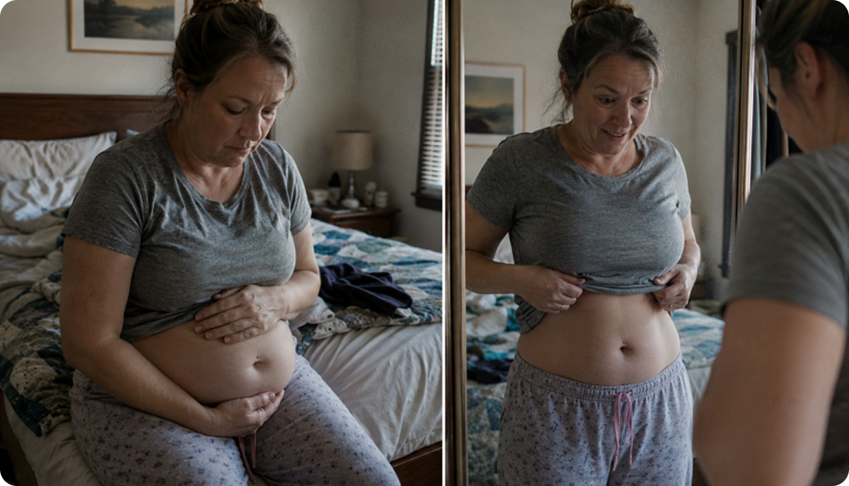 Woman experiencing bloating and looking at her stomach