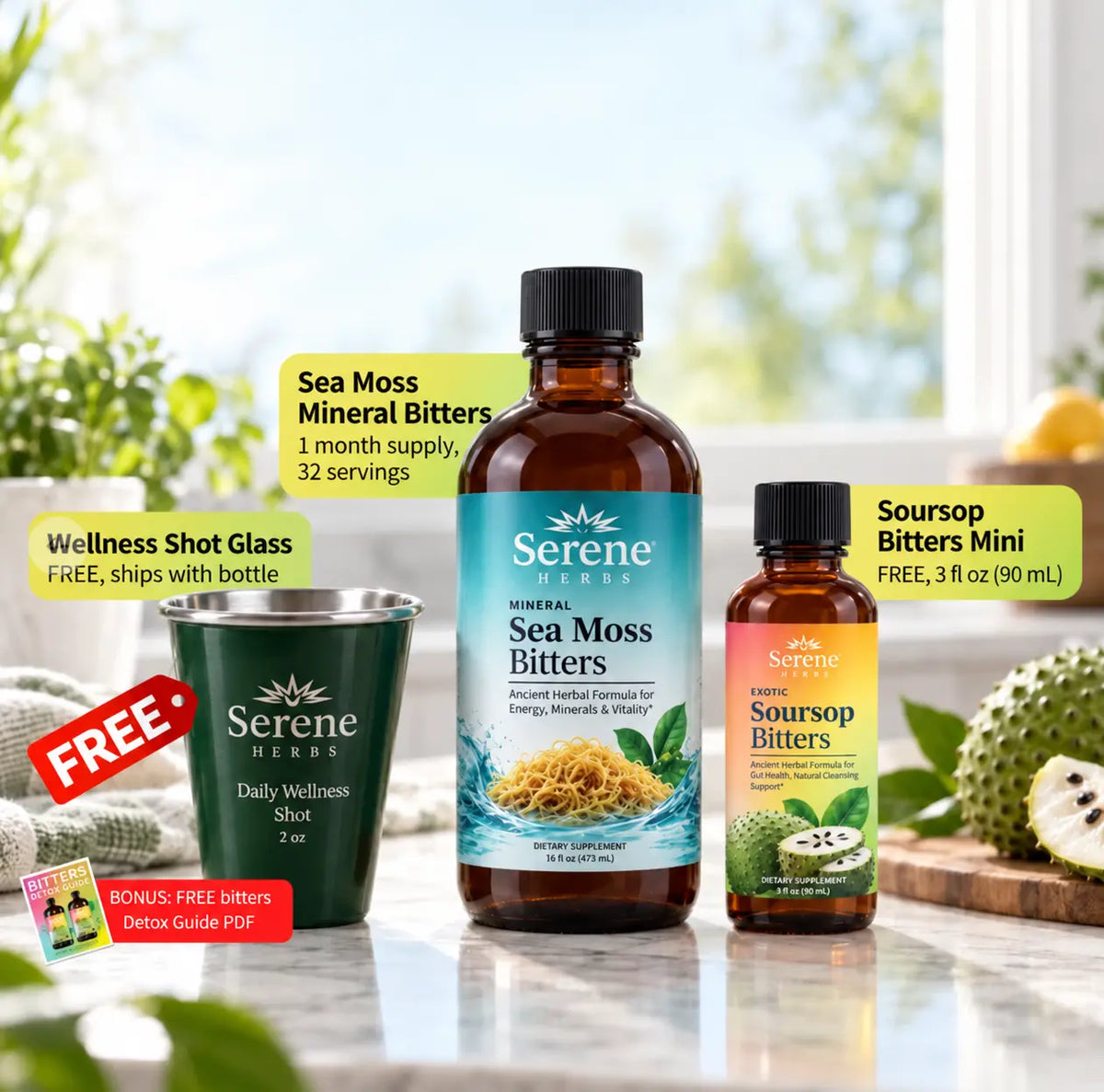 Sea Moss Mineral Bitters, free Soursop Mini, shot glass and Detox Guide