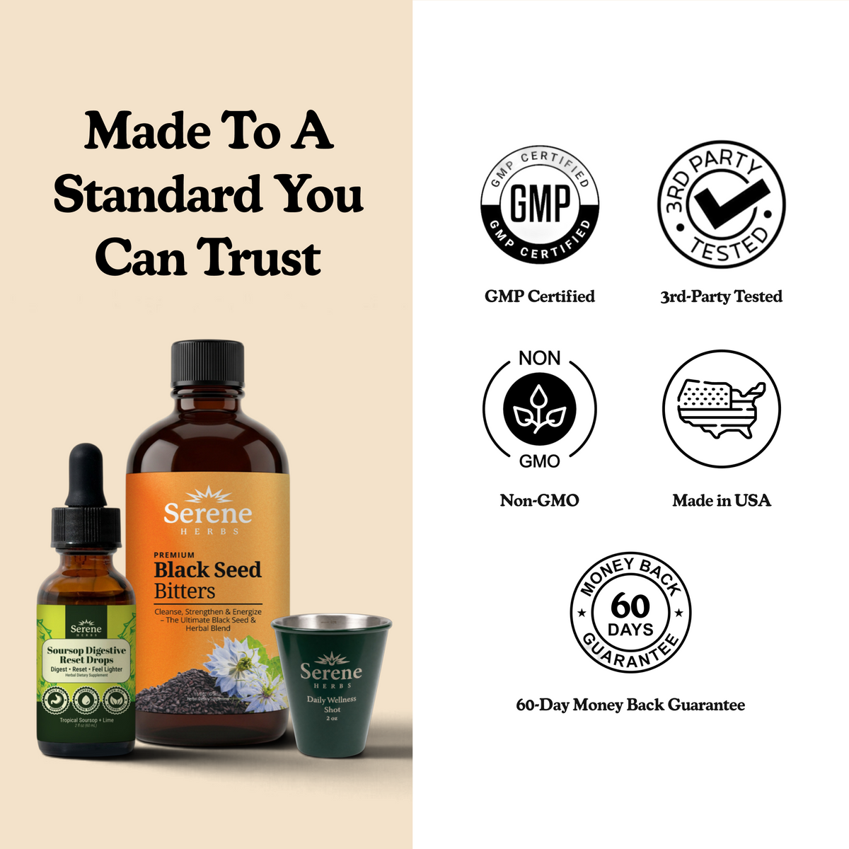Trust Certifications: 3rd Party Lab Tested · GMP Certified · Non-GMO · Made in the USA · Cruelty Free
