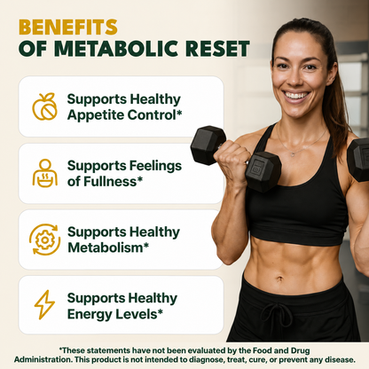 Metabolic Reset benefits: supports appetite control, feelings of fullness, healthy metabolism and healthy energy levels.